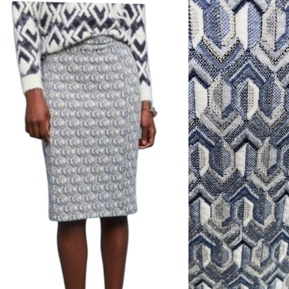 Anthropologie Maeve Emmy Metallic Silver Geometric Knit Midi Pencil Skirt - S